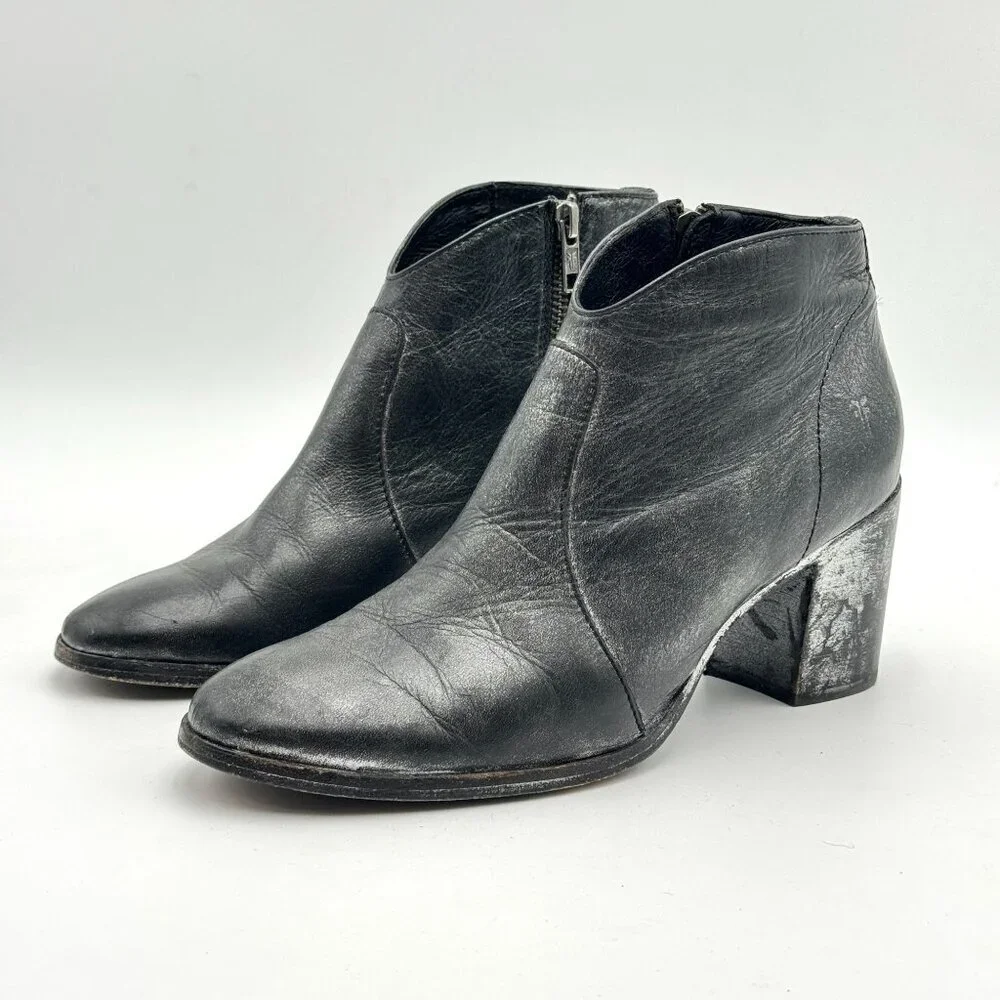 FRYE Womens 7.5 Metallic Black Leather Nora Ankle Boots Cowgirl Giddy Up Booties